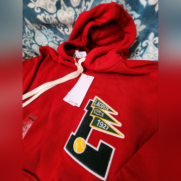 LACOSTE MEN'S HOODED COTTON FLEECE PENNANTS L BADGE - COLOR RED - Picture 6 of 9